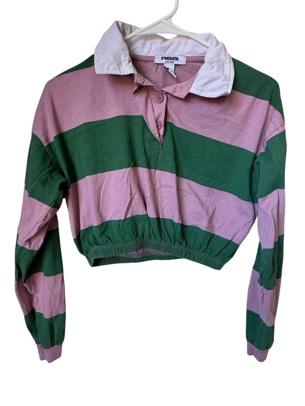RSQ Striped Cropped Rugby Polo in Pink & Forest Green Women’s XS MINTY